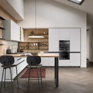 Cucina moderna ad angolo bianca e legno