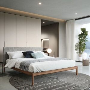 Letto matrimoniale Neos in legno e copritestiera imbottito